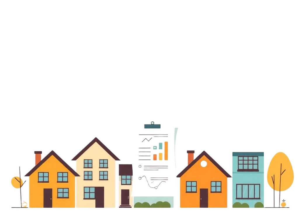 Illustration of houses and a property report with charts